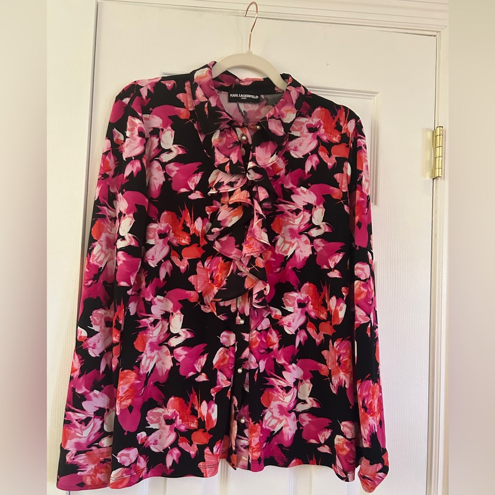 KARL LAGERFELD Pink Floral Ruffle Blouse - Women’s Top L